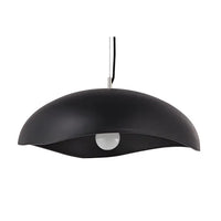 Matte black chandelier with a ceiling mount, featuring a concrete and iron construction with a maximum cord length of 108 inches.