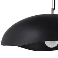 Matte black chandelier with a ceiling mount, featuring a concrete and iron construction with a maximum cord length of 108 inches.