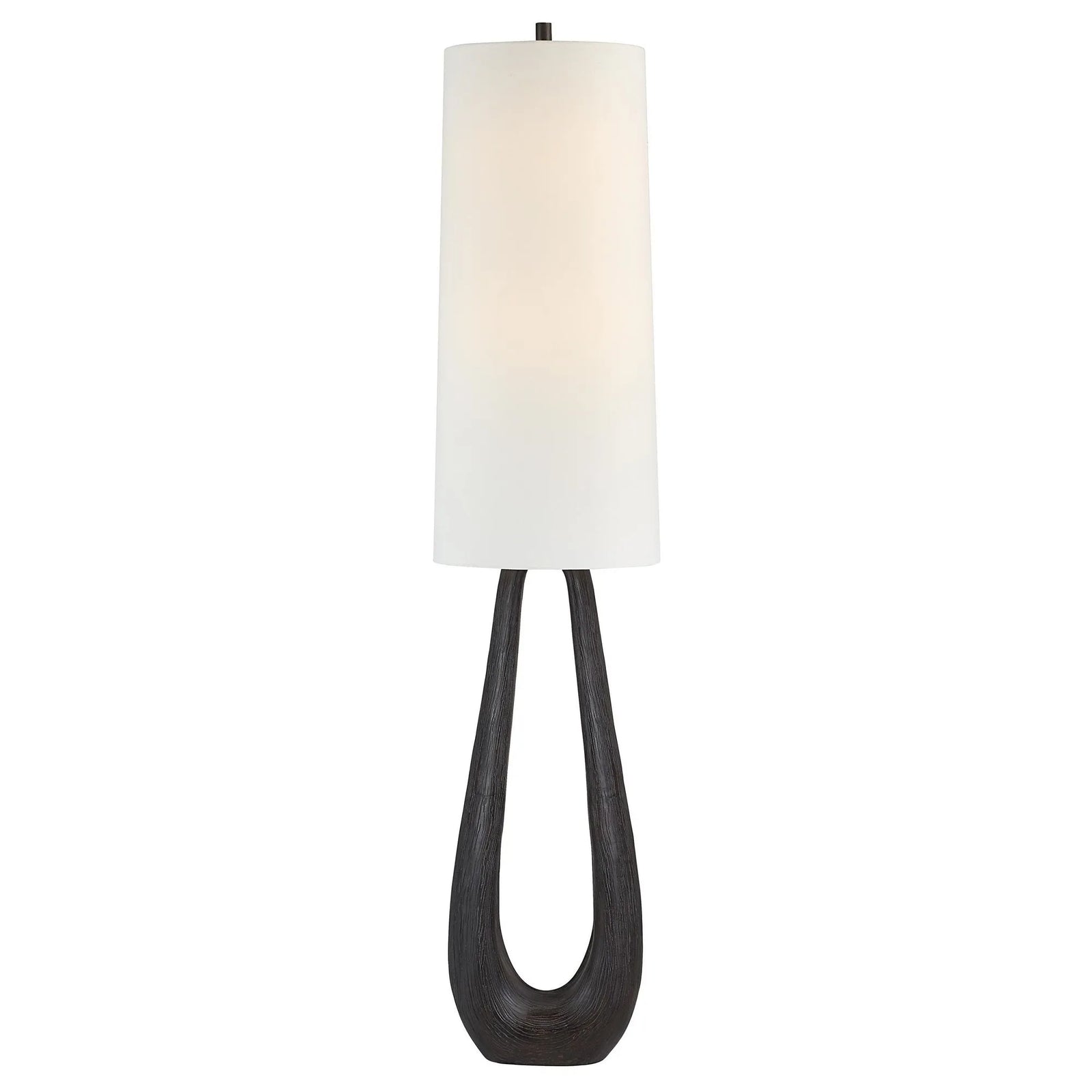 A Becky Floor Lamp with a white shade and a brown twisted base.