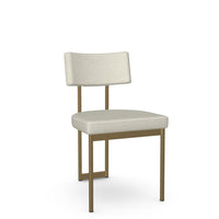 A contemporary Samantha dining chair with an open-back design, featuring a beige upholstered seat and metal legs.