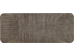 top of rectangular dining table with a dark wood finish on a white background