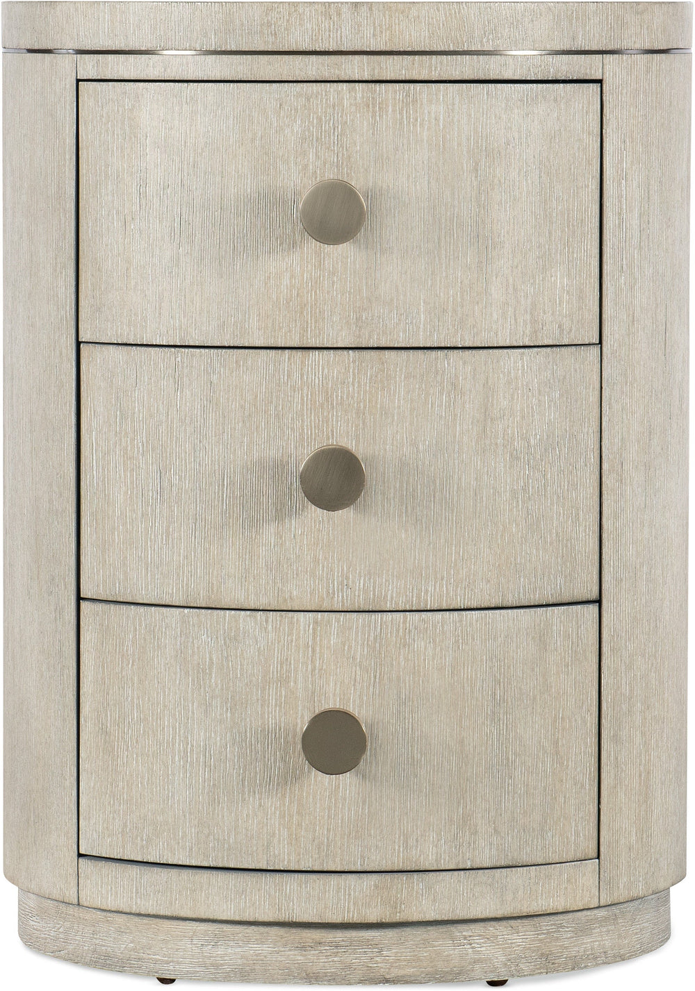 A beige round nightstand with three drawers and circular knobs on each drawer.