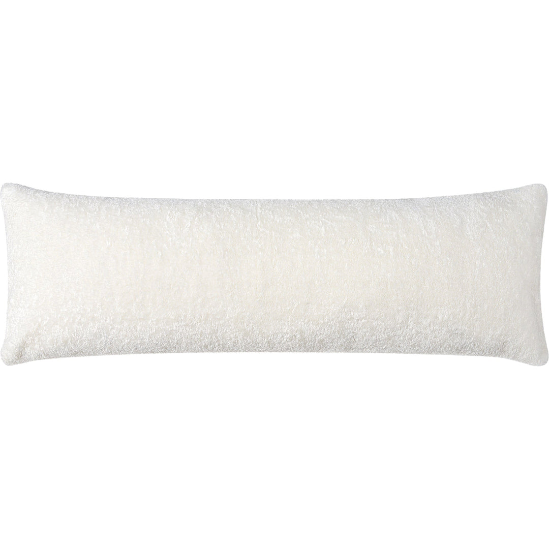 A white kidney-shaped throw pillow with a plush texture, likely made from polyester shearling, with a solid pattern.