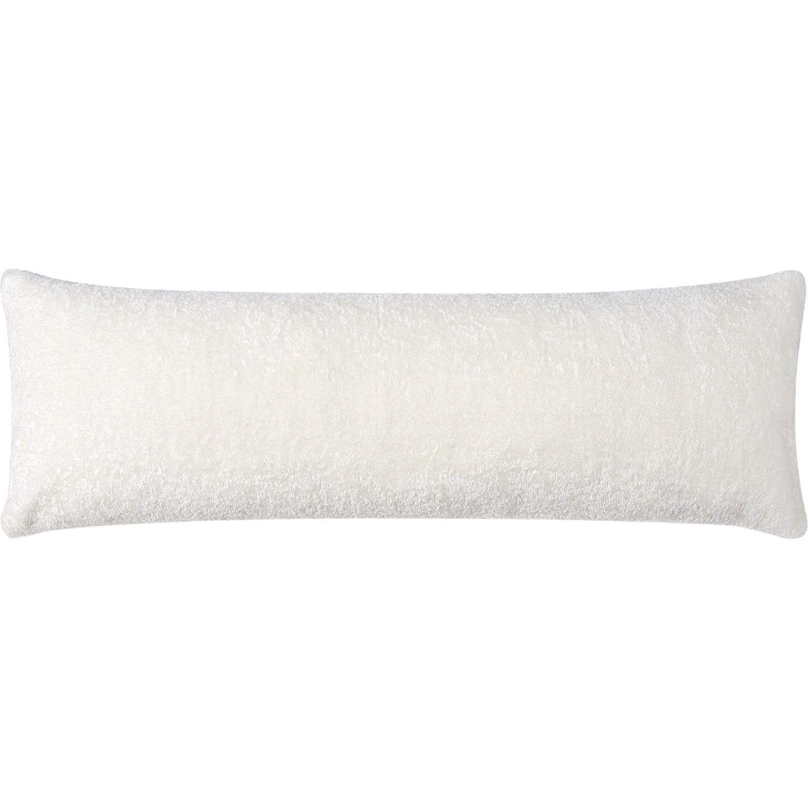 A white kidney-shaped throw pillow with a plush texture, likely made from polyester shearling, with a solid pattern.