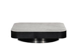 Square coffee table with marble top and black base on a white background