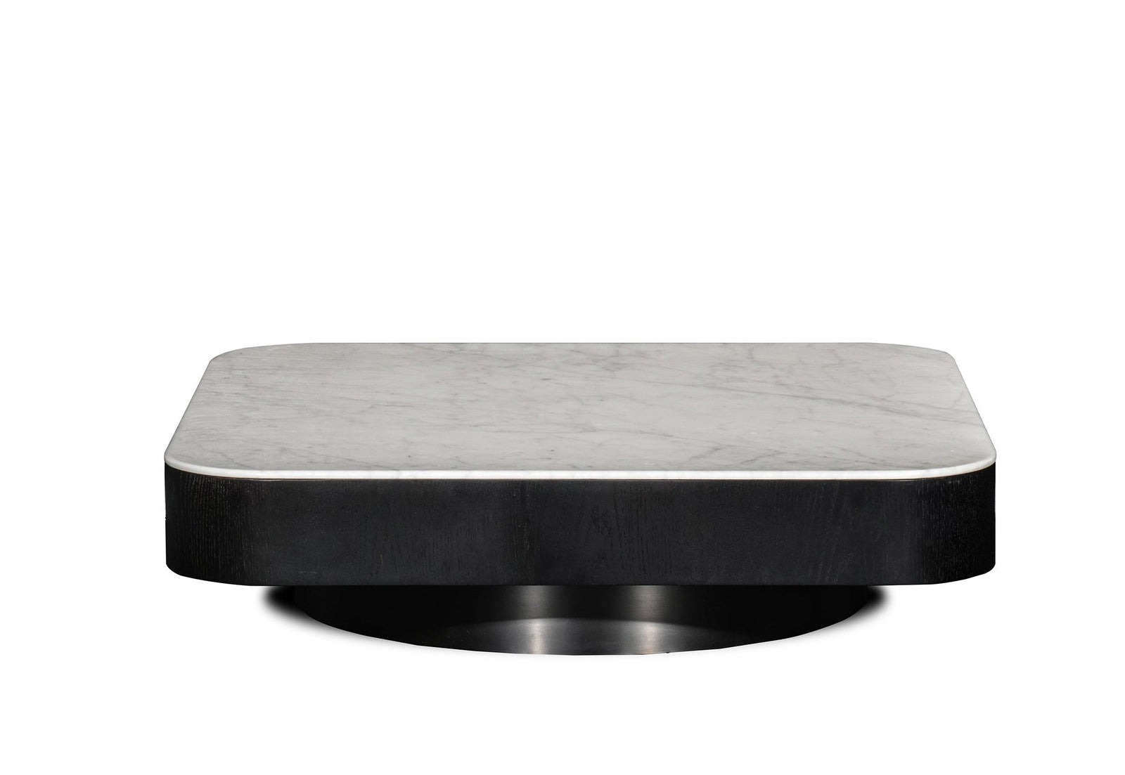 Square coffee table with marble top and black base on a white background