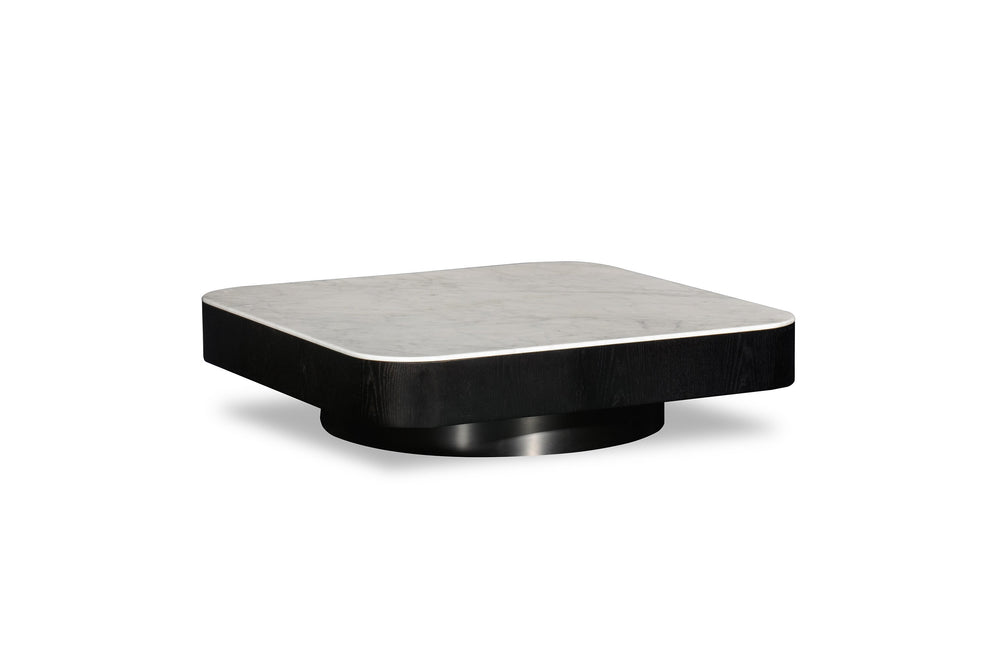 Square coffee table with marble top and black base on a white background