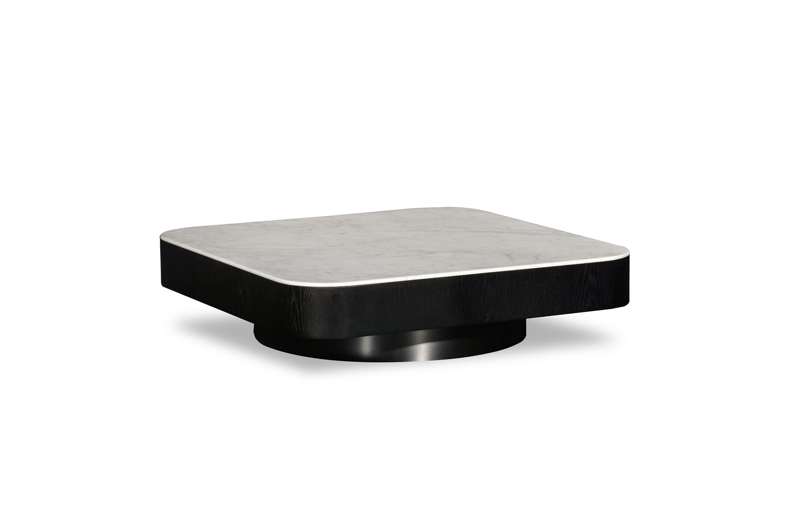 Square coffee table with marble top and black base on a white background