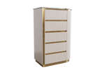 Tall white cabinet with gold accents on a white background