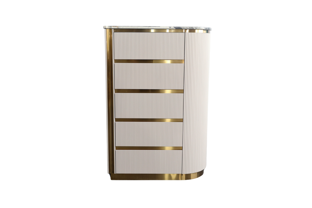 Decorative cabinet with gold accents on a white background