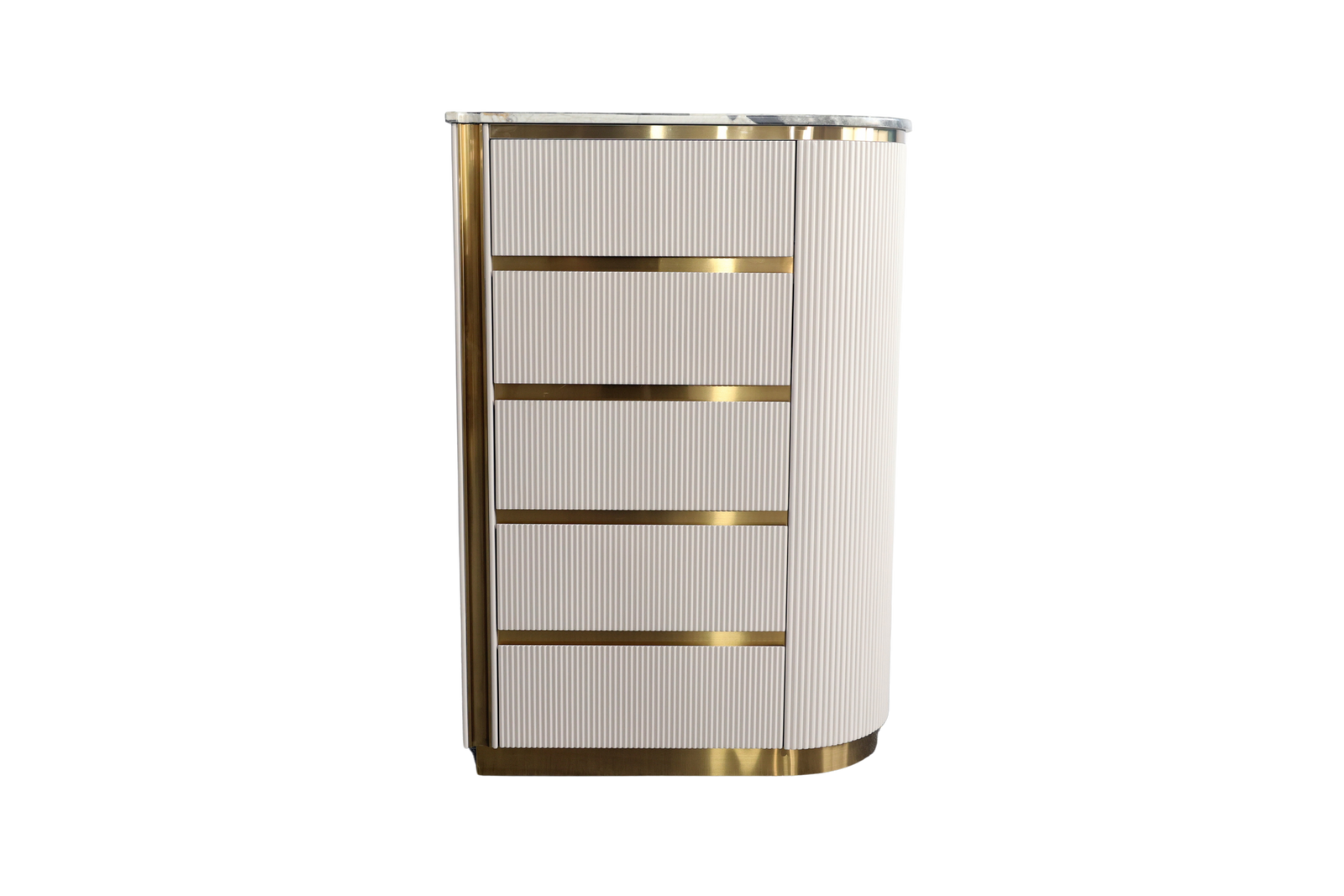 Decorative cabinet with gold accents on a white background
