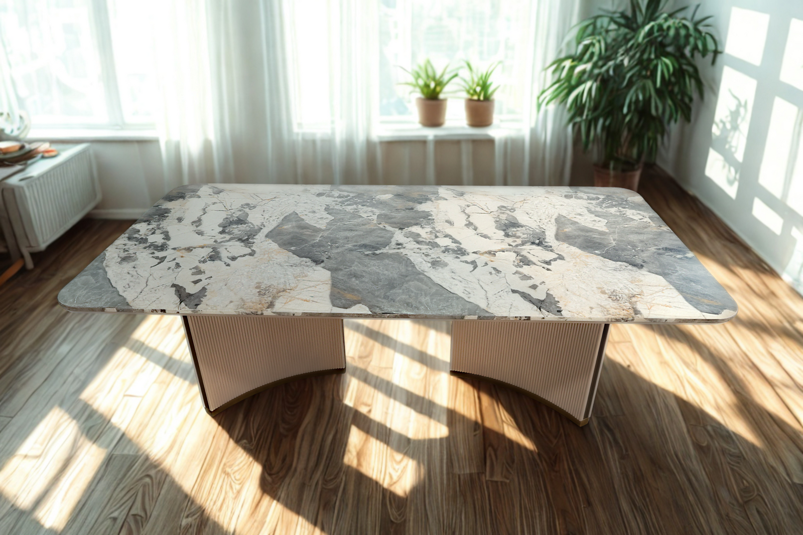 Dining table with marble-like surface in a bright room with plants and curtains