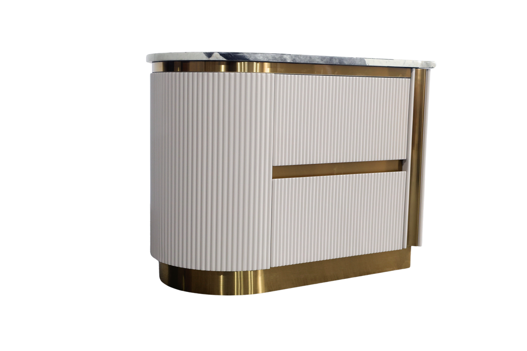 Modern reception desk with white panel and gold accents on a white background