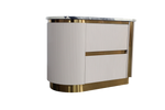 Modern reception desk with white panel and gold accents on a white background