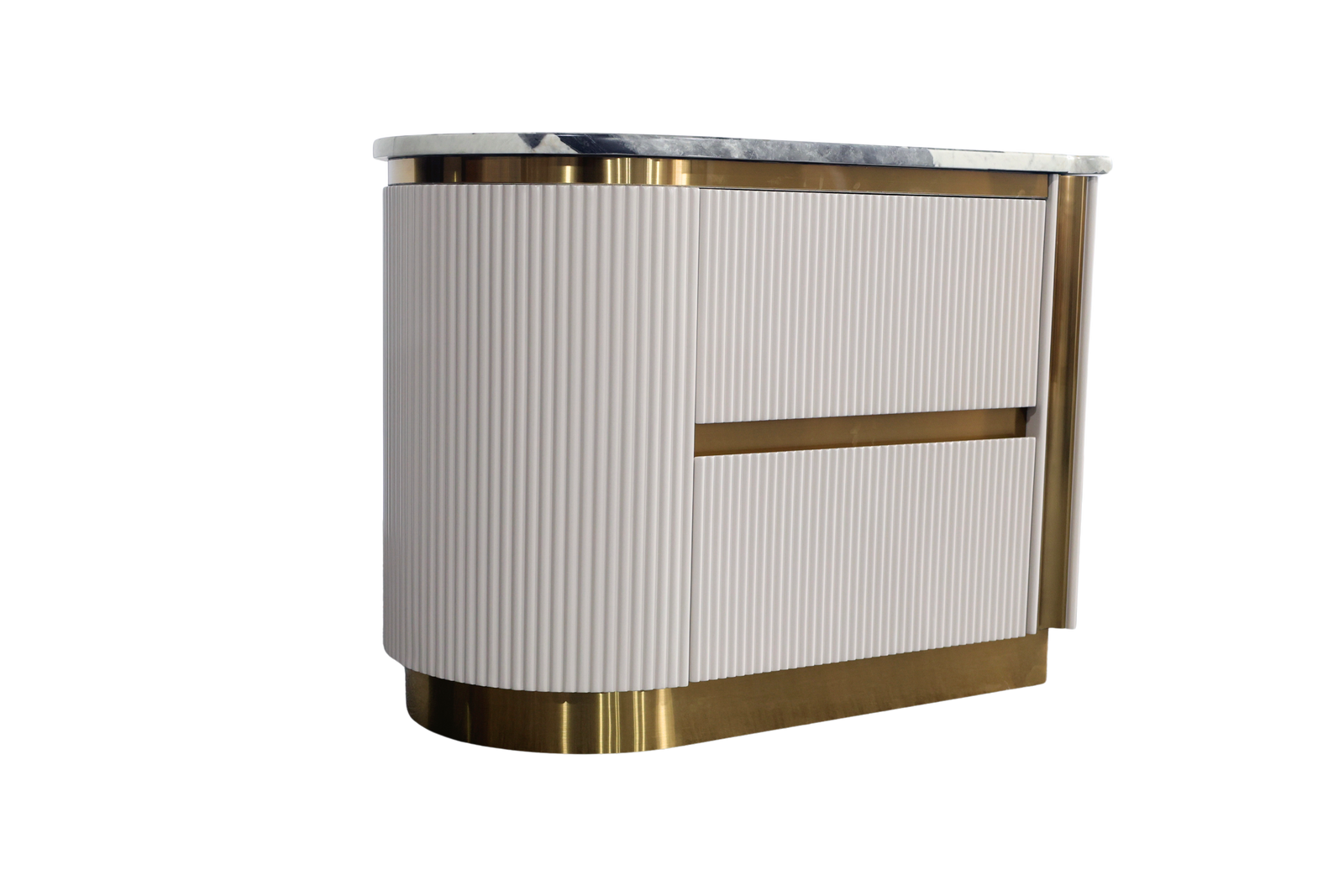 Modern reception desk with white panel and gold accents on a white background