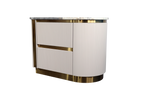 Modern reception desk with white ribbed surface and gold accents on a white background