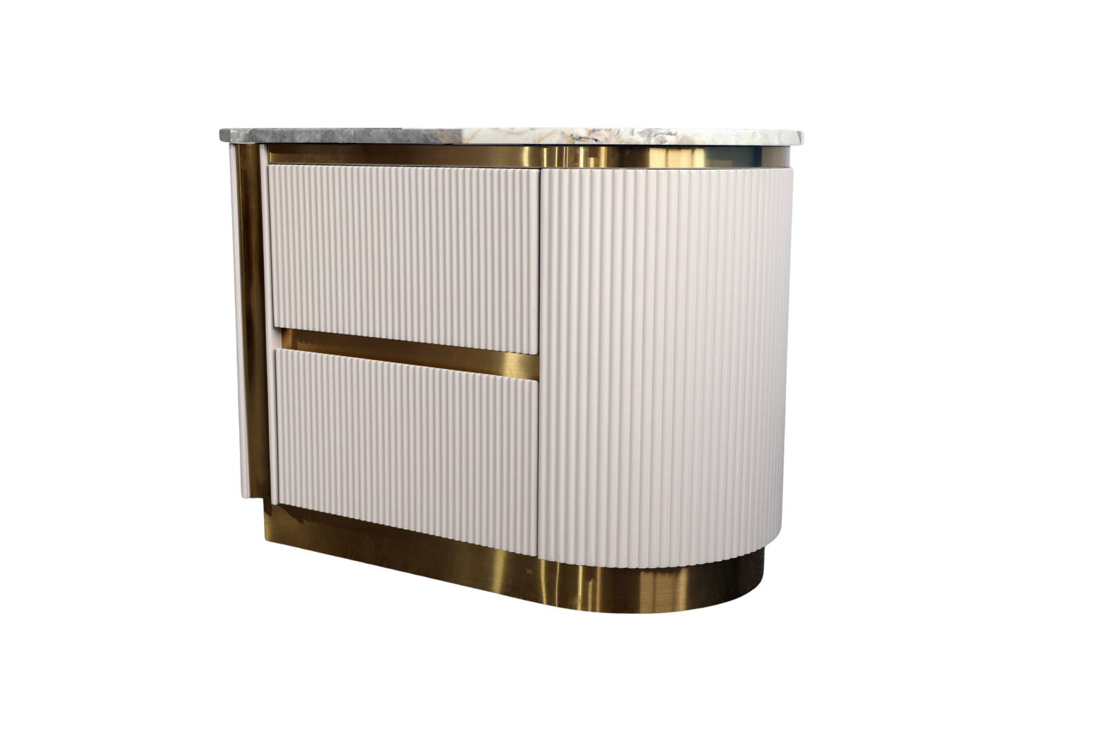 Modern reception desk with white ribbed surface and gold accents on a white background