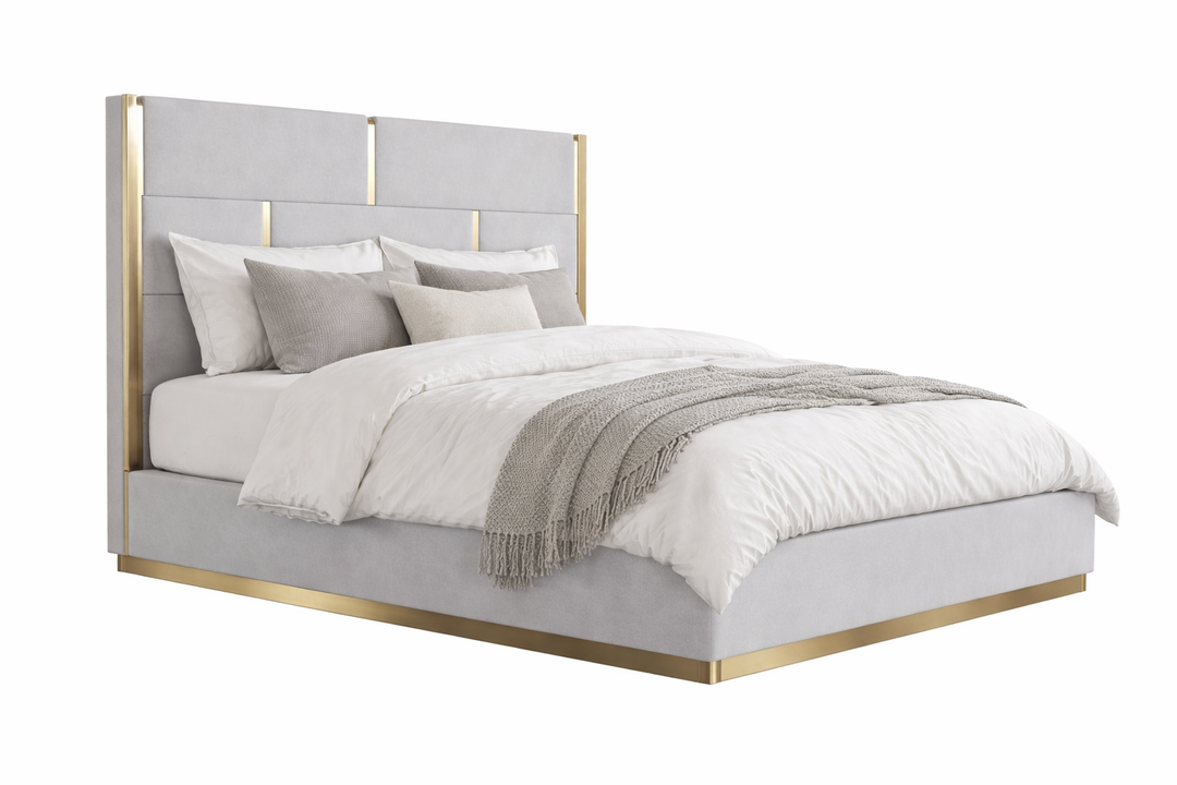 Gray upholstered bed with gold accents on a white background