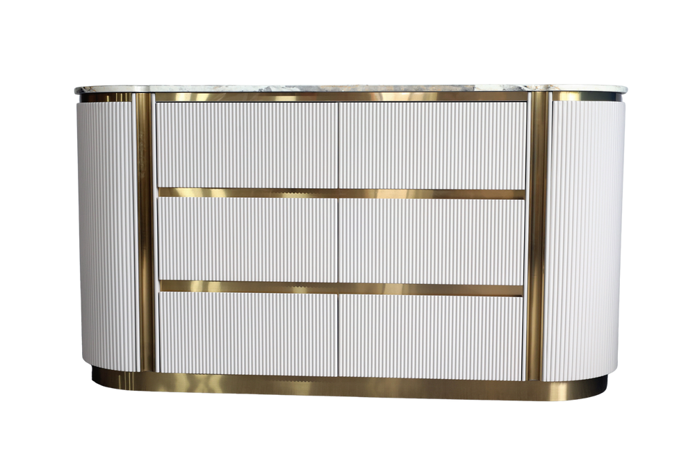 Modern reception desk with gold accents on a white background