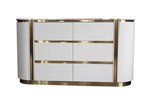 Modern reception desk with gold accents on a white background