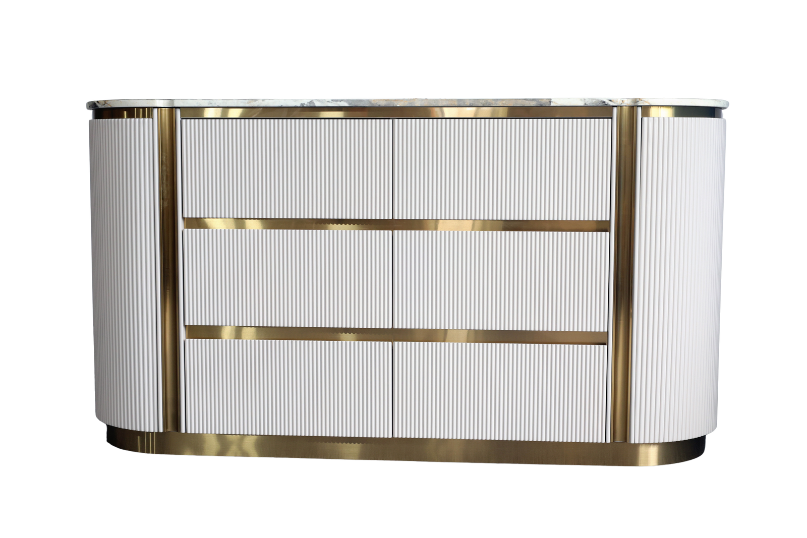 Modern reception desk with gold accents on a white background