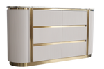 Modern reception desk with curved design and gold accents on a white background