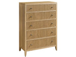 A beige wooden chest of drawers with five drawers, each having a handle on the right side.