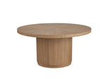 Round wooden table with a textured surface on a white background