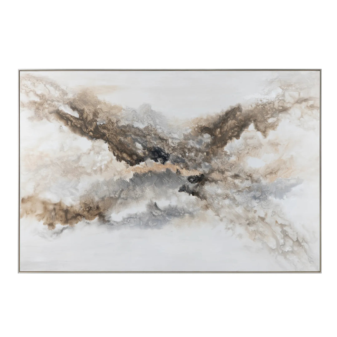 Abstract art piece with brown, black, and beige colors on a white background