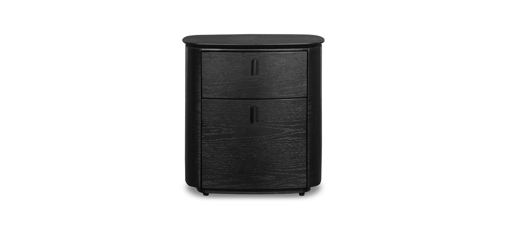 Black two-drawer nightstand on a white background