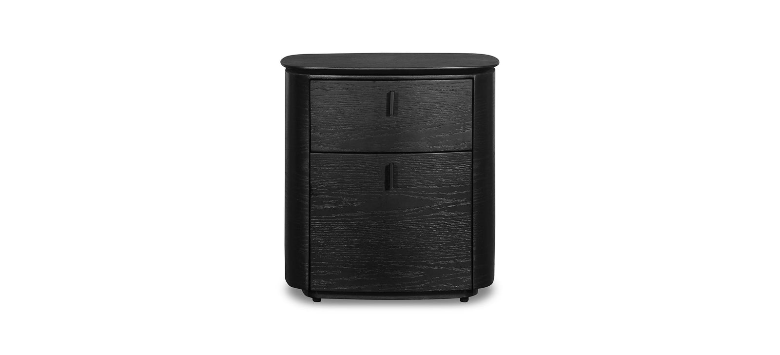Black two-drawer nightstand on a white background