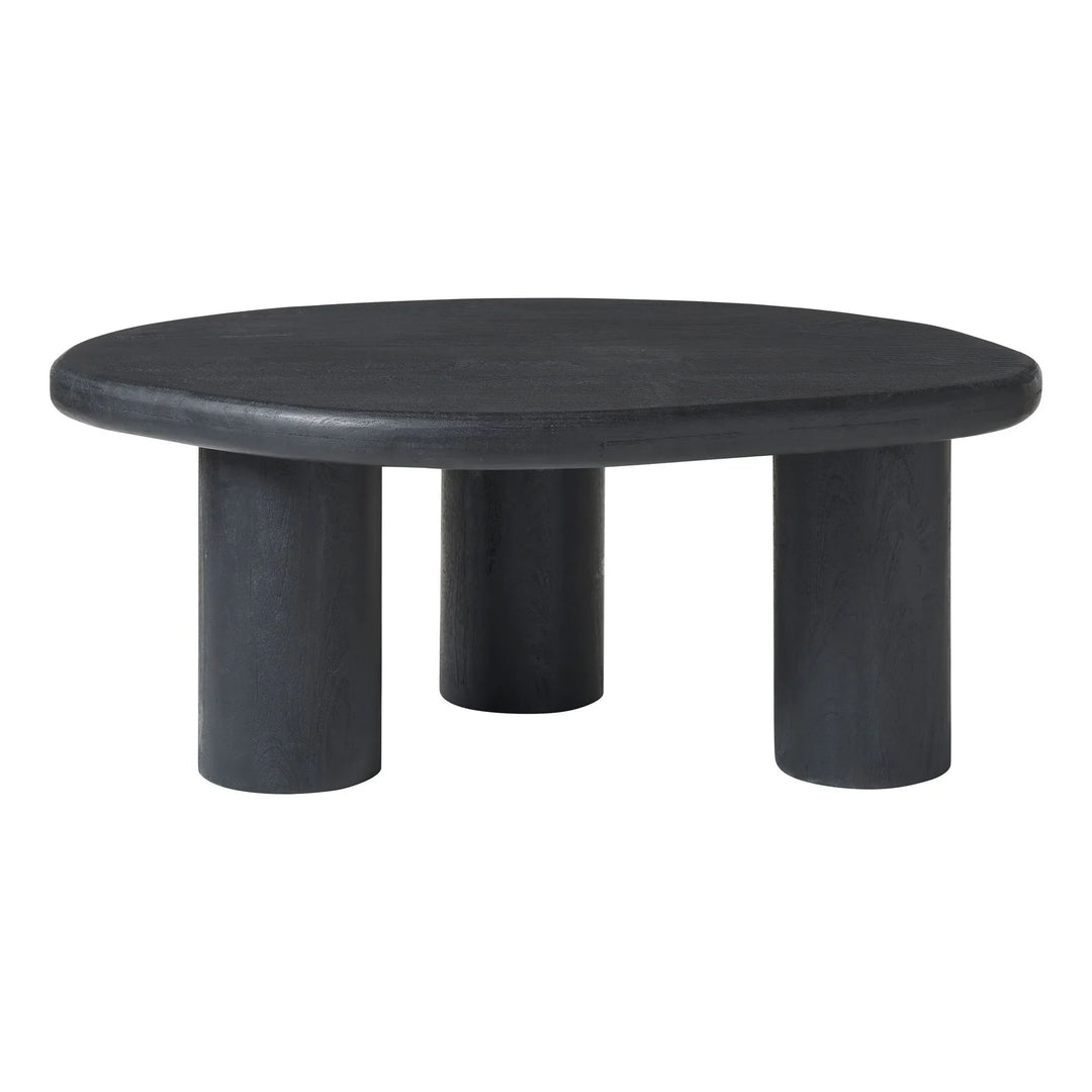 A matte black finish coffee table made of solid wood, with a flat, circular top and three sturdy legs.