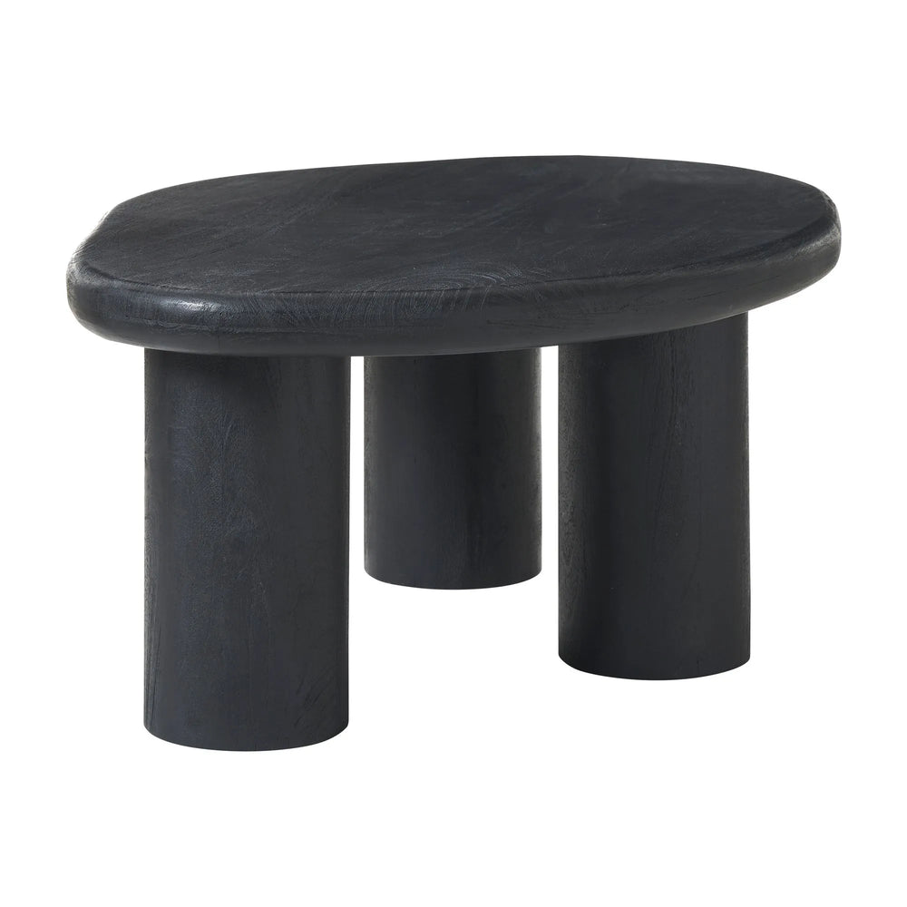 A matte black finish coffee table made of solid wood, with a flat, circular top and three sturdy legs.