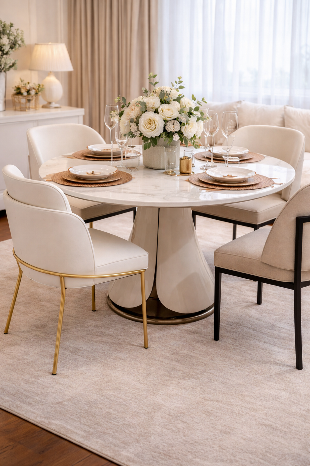 Dining room with a round marble table and white chairs, featuring a vase of flowers.