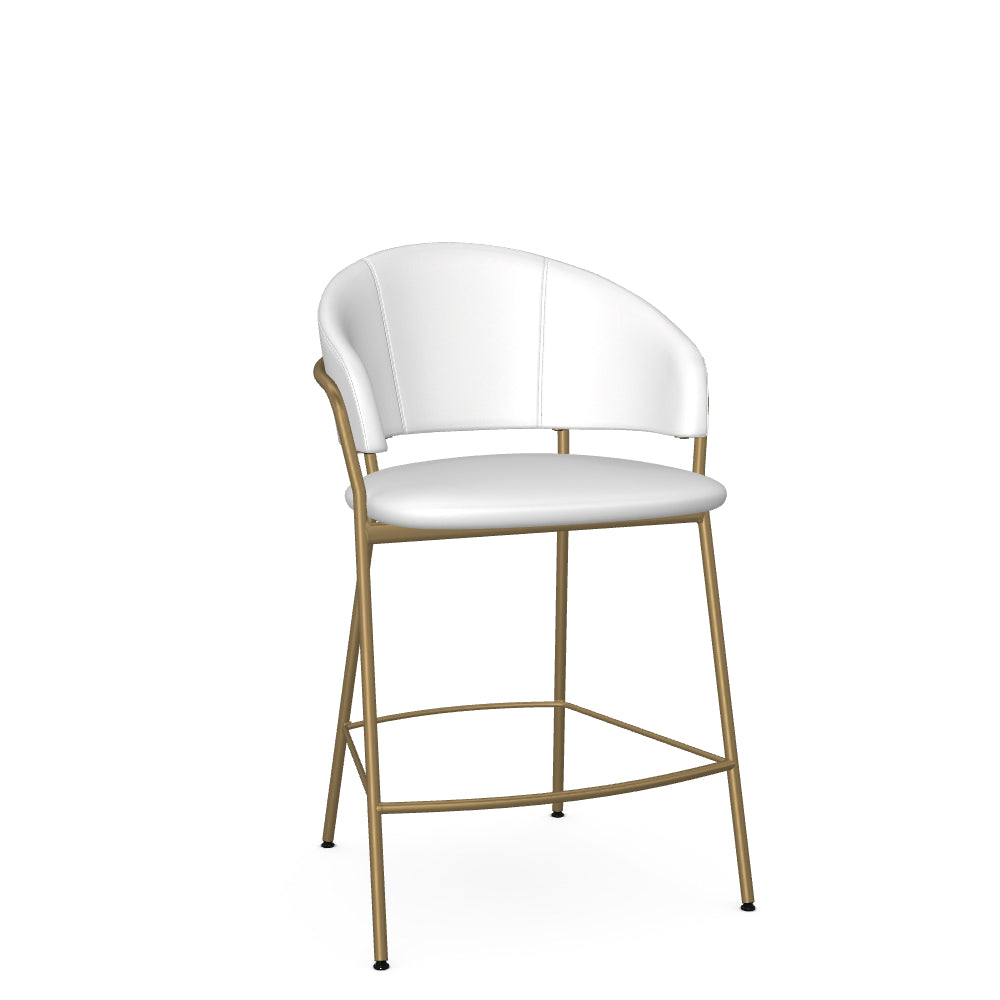 A white upholstered counter stool with gold-colored metal legs and armrests.