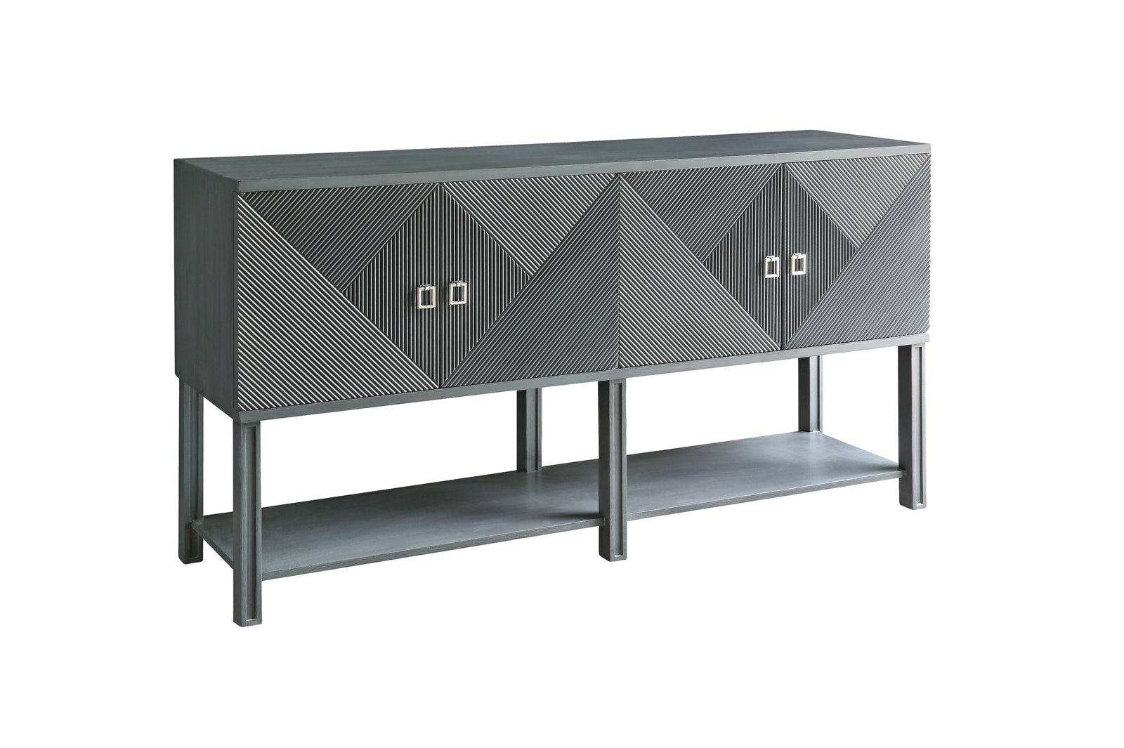 A navy blue sideboard with geometric patterns on the front, featuring three doors and metal hardware, set on a minimalist metal frame.