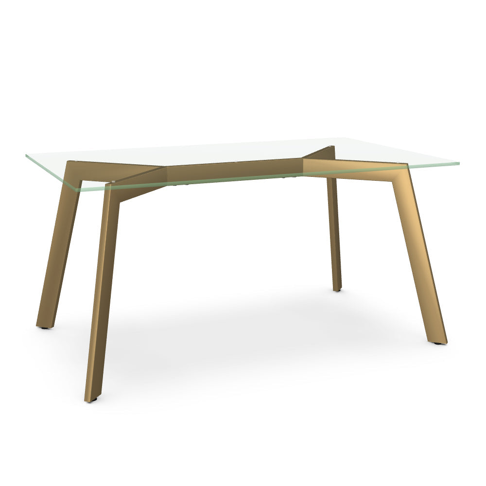 A clear glass top dining table with a brass accent base.