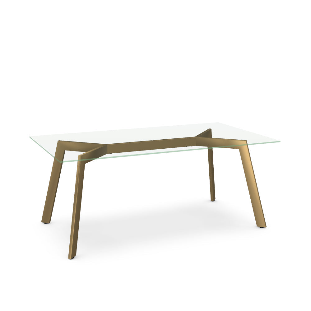 A clear glass top dining table with a brass accent base.