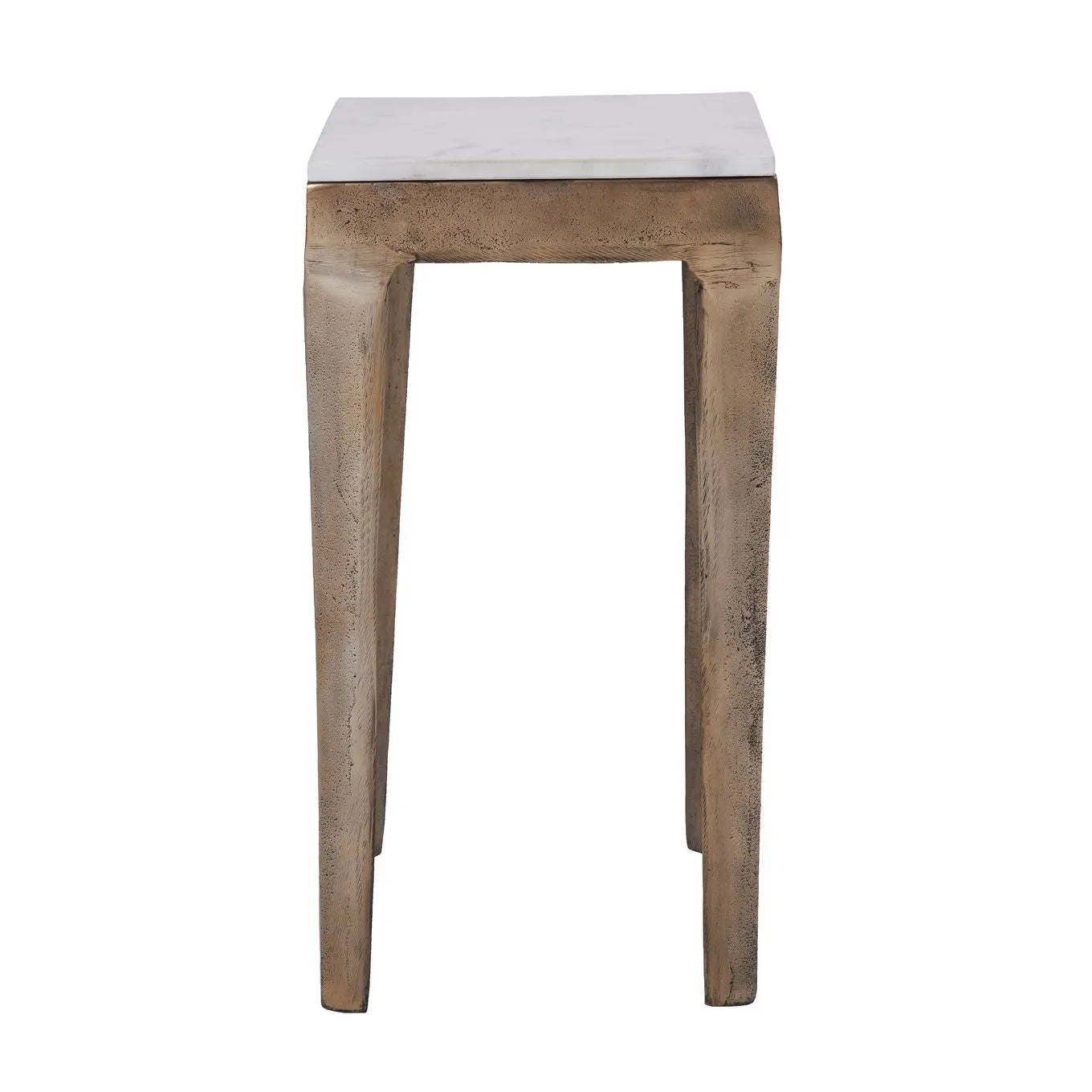 A square brass end table with a white marble top, having visible grain and patterns on the surface.