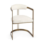 Chair with white cushioned seat and backrest on a gold metal frame against a white background