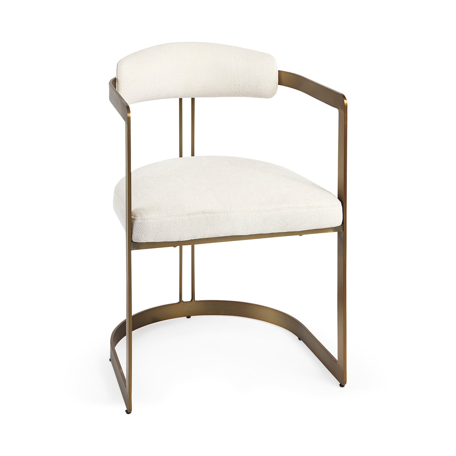 Chair with white cushioned seat and backrest on a gold metal frame against a white background