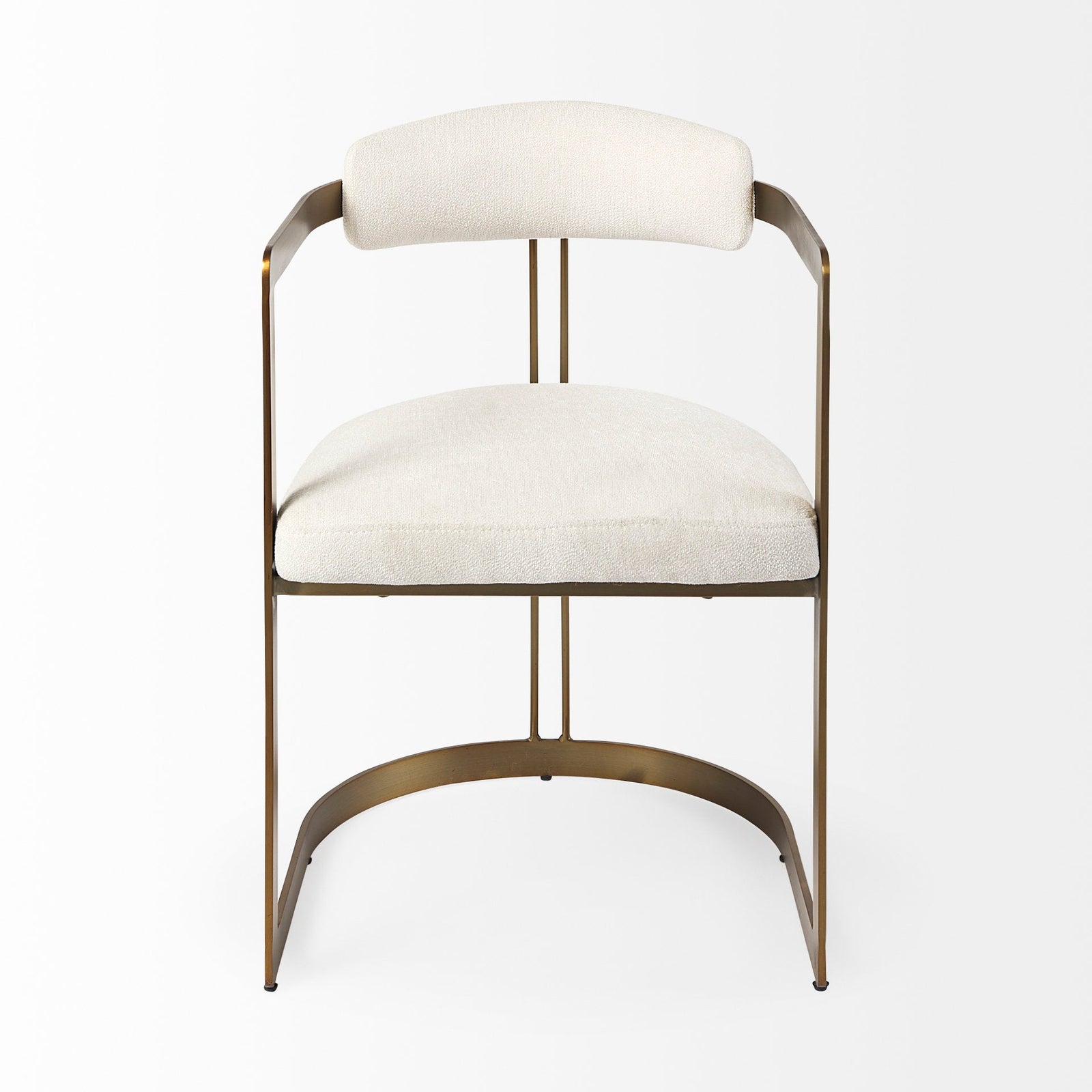 A modern dining chair with a white upholstered seat and backrest, and a metallic gold frame.