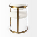 Chair with white cushioned seat and backrest on a gold metal frame against a white background