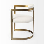 Chair with white cushioned seat and backrest on a gold metal frame against a white background