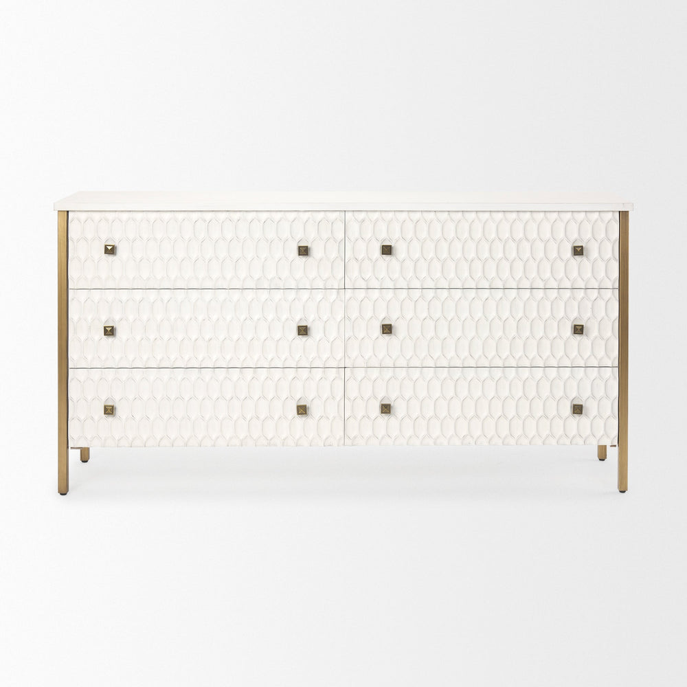 A white wooden sideboard with a geometric pattern on the front, featuring bronze-colored handles and legs.
