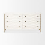 A white wooden sideboard with a geometric pattern on the front, featuring bronze-colored handles and legs.