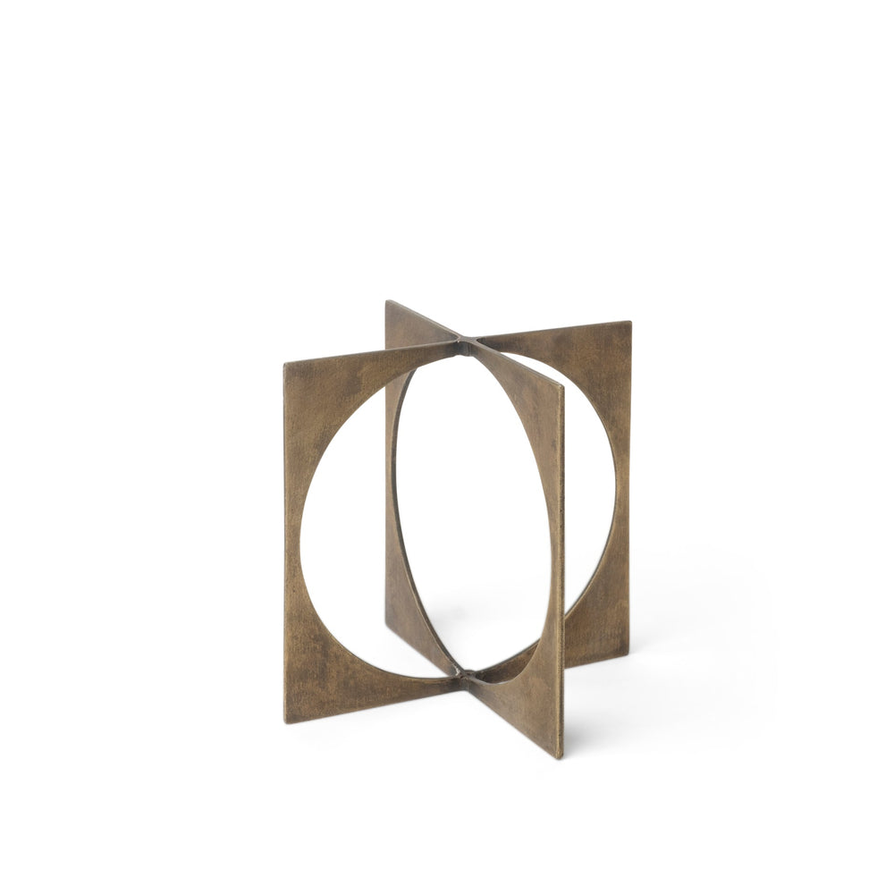 Bronze decorative object with geometric design on a white background