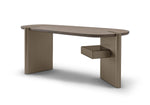 Brown L-shaped desk with a small drawer on a white background
