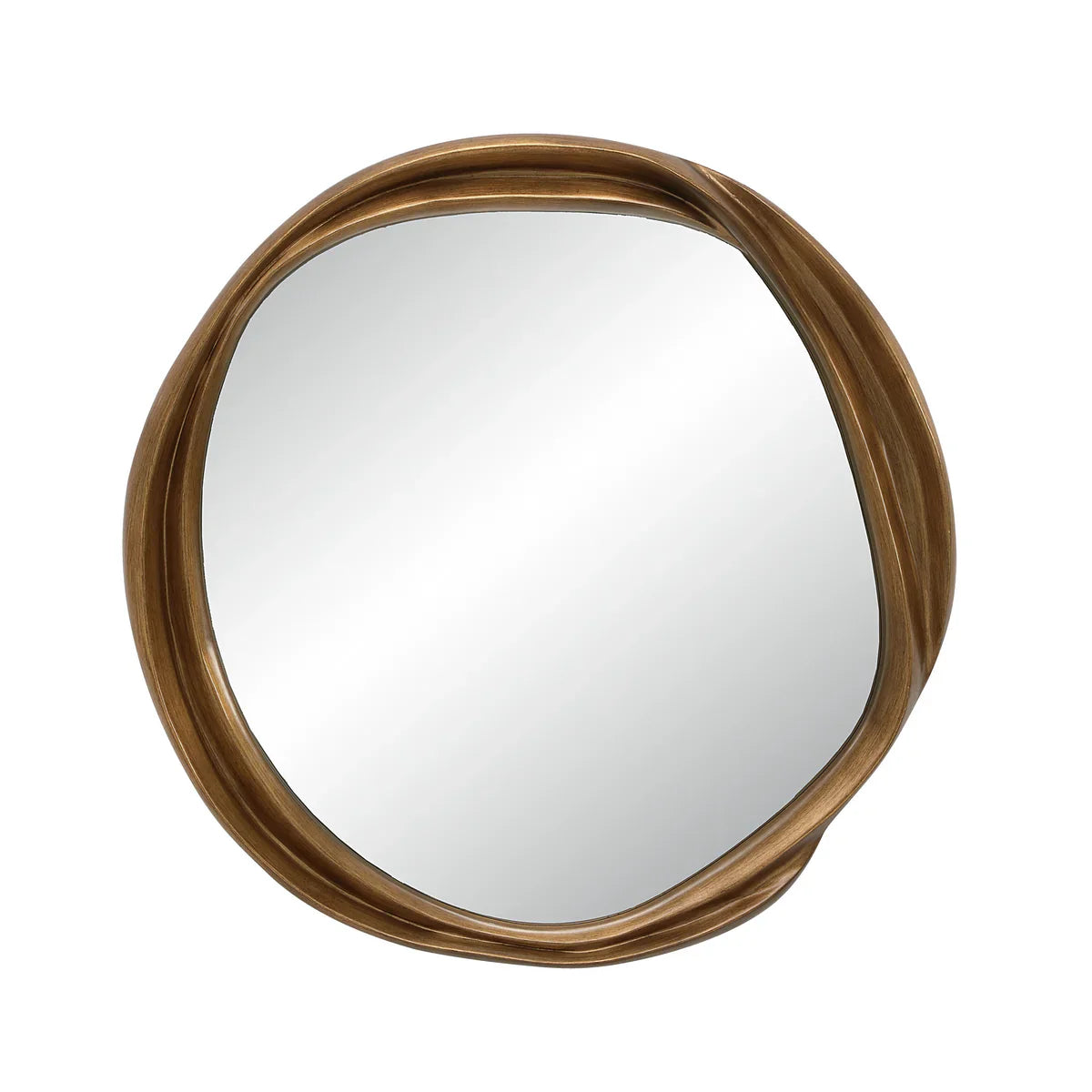 Round mirror with a gold frame on a white background