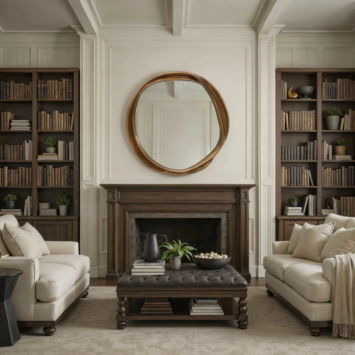 Living room with beige sofas, a wooden ottoman, and bookshelves.
